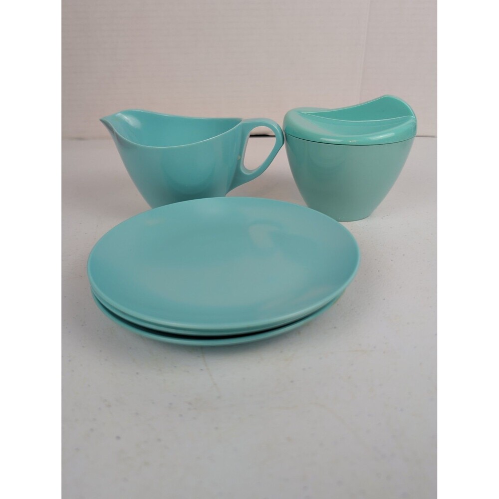 Vintage Melmac Turquoise Creamer and Sugar Bowl with Lid & 3 Saucers